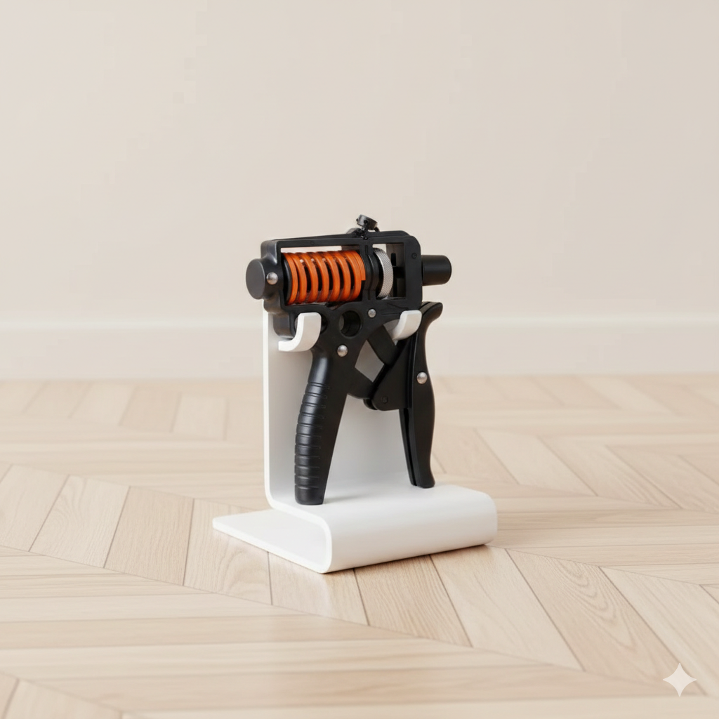 Hand grip posé sur un support blanc, sol parquet clair.