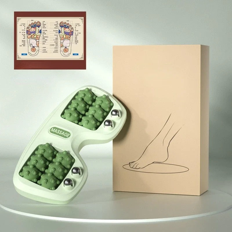 Rouleau de massage des pieds vert avec boîte et carte réflexologie