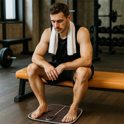 Homme Ă la salle de sport utilisant un appareil pour le massage des pieds