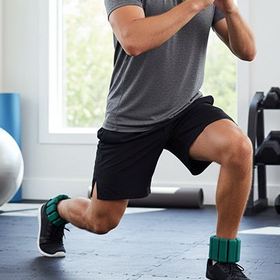 Homme en fente avec poids cheville dans salle de sport.