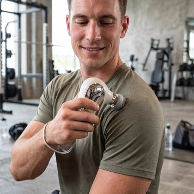 Homme utilisant Pistolet de massage sur son épaule en salle.