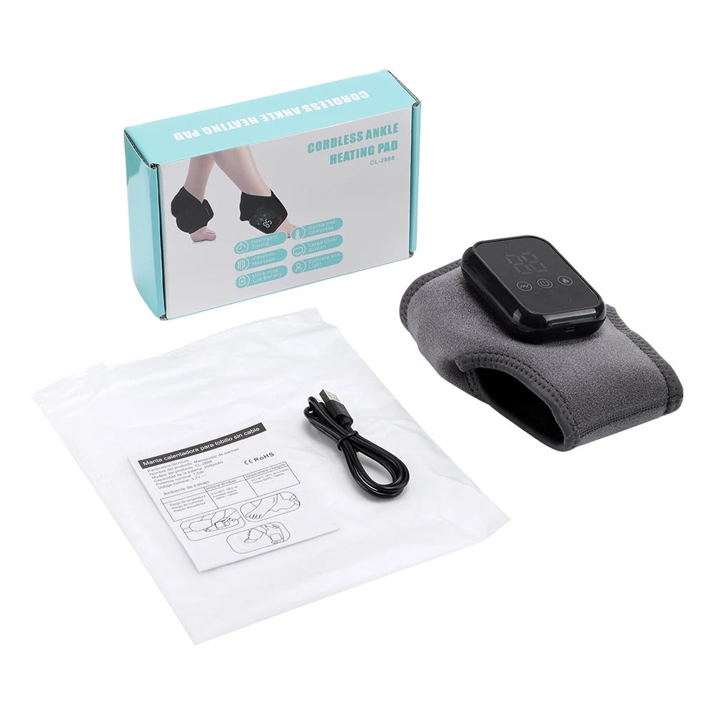 Un Appareil masseur pieds gris, sa boĂźte, cĂąble et notice.