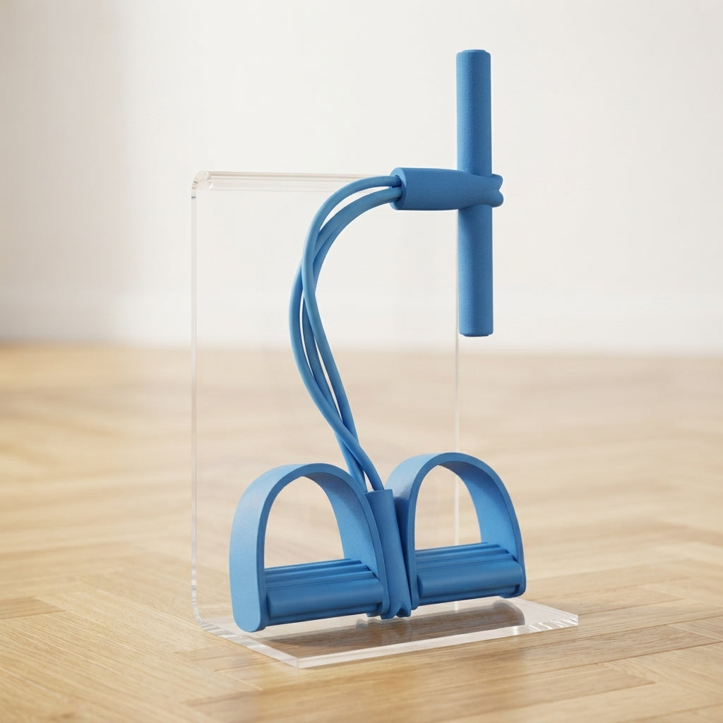 Élastique musculation bleu avec pédales exposé sur support en plexiglas.