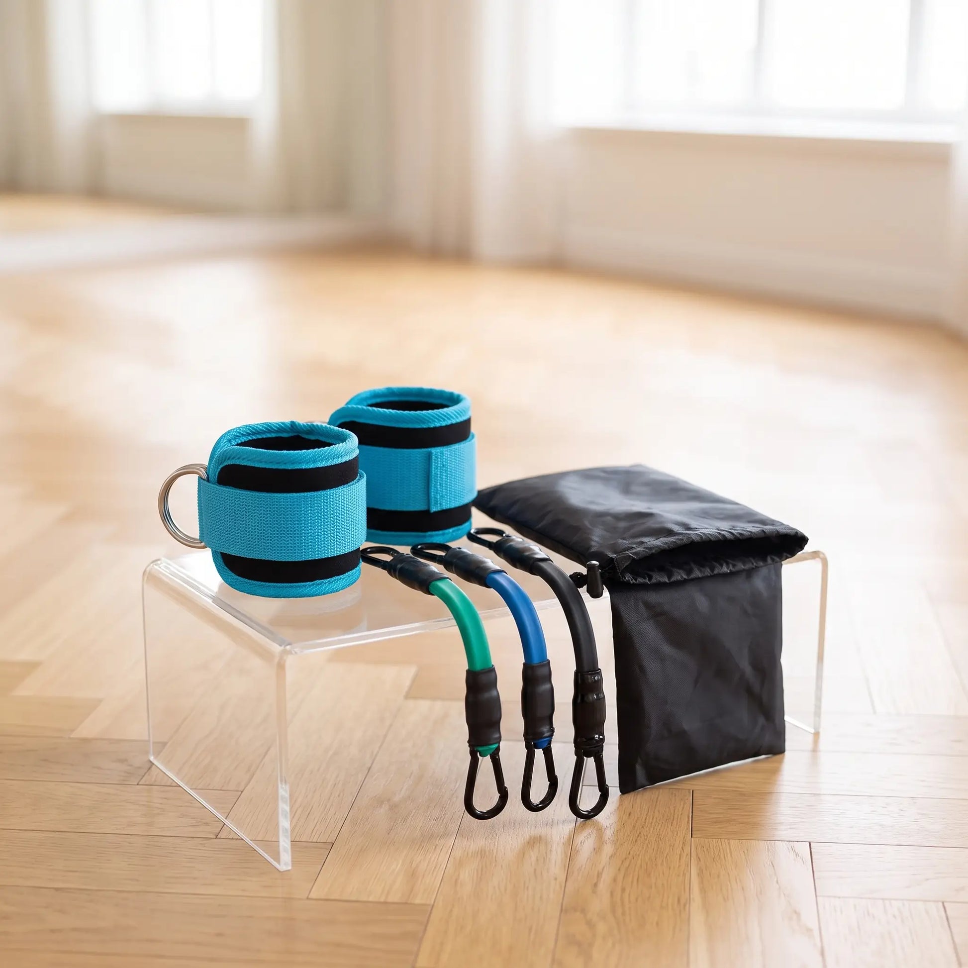 Élastique musculation bleu bandes de résistance et pochette de rangement.