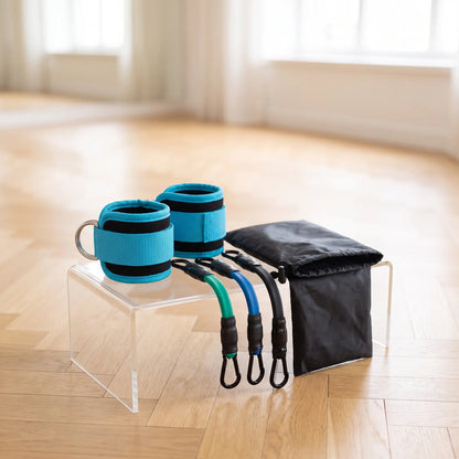 Élastique musculation bleu bandes de résistance et pochette de rangement.