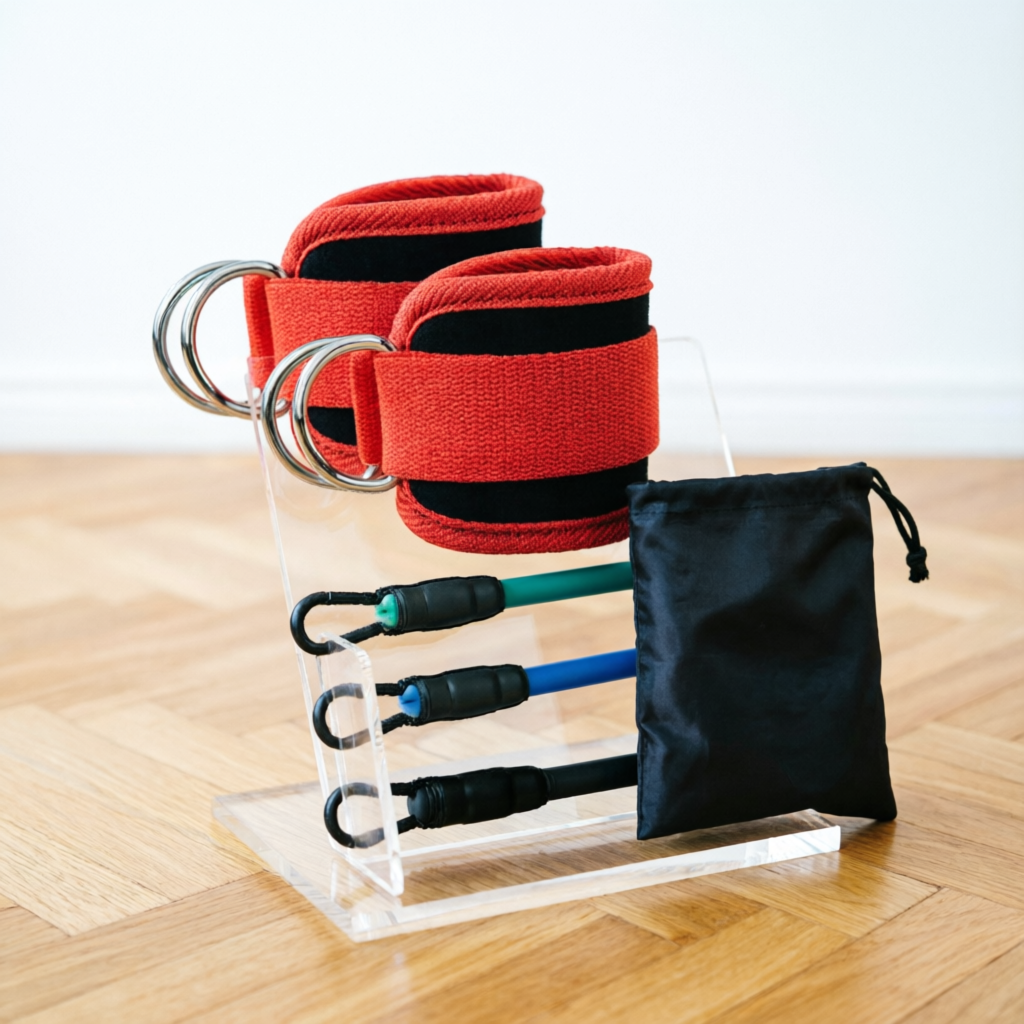 Élastique musculation multicolore avec brassards chevilles et pochette de rangement.