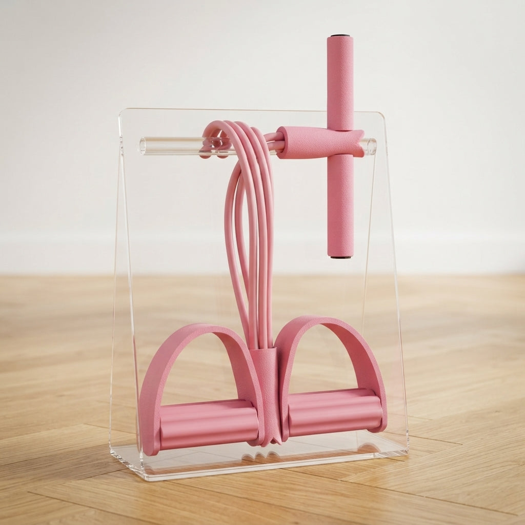 Élastique musculation rose avec pédales suspendu sur présentoir transparent clair.