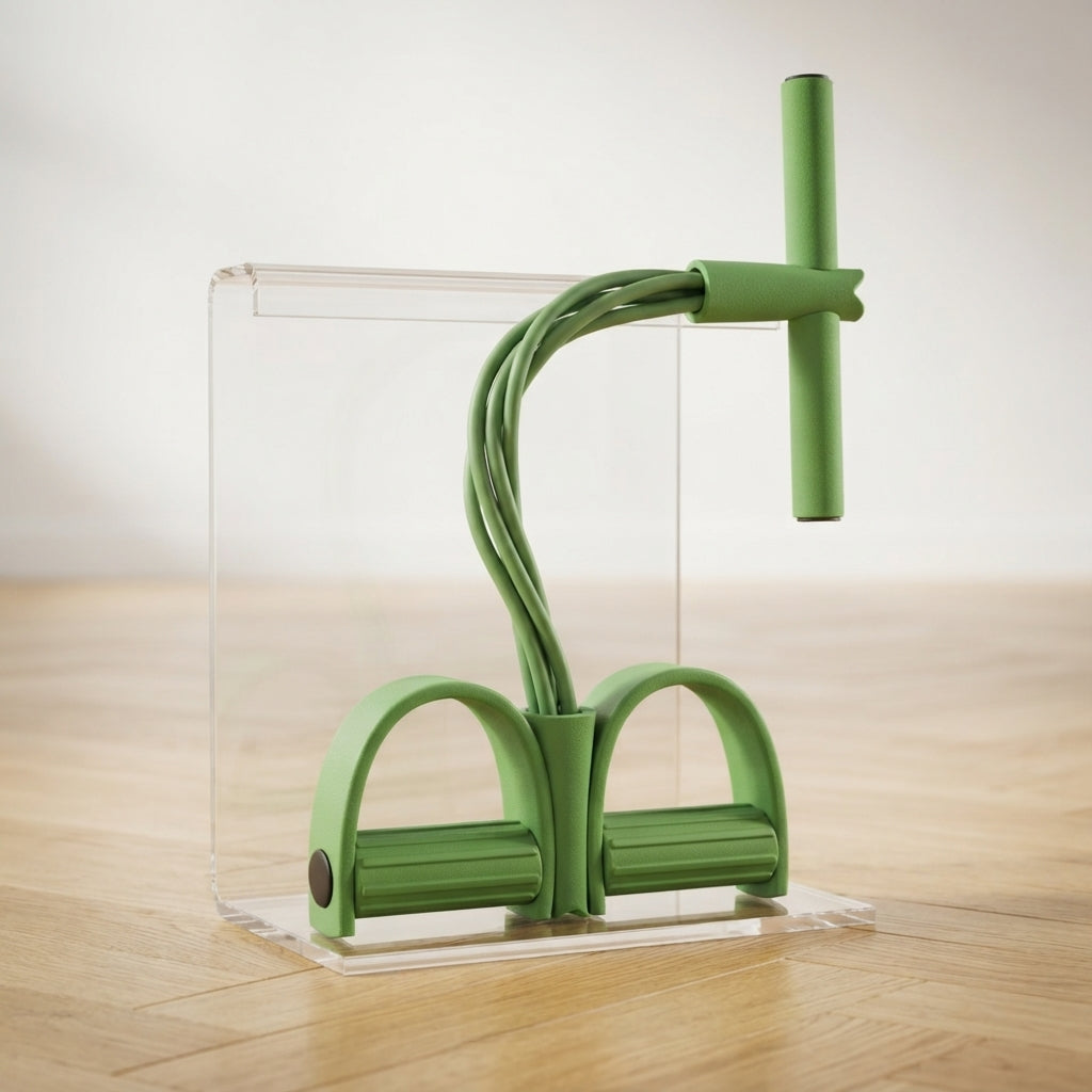 Élastique musculation vert avec pédales exposé sur support plexiglas transparent.