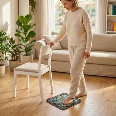 Femme debout sur Tapis d acupression tenant une chaise blanche.