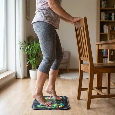 Femme debout sur un Tapis d acupression tenant une chaise.