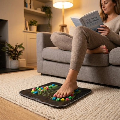 Femme détendue lisant livre avec pied posé sur Tapis d'acupression.