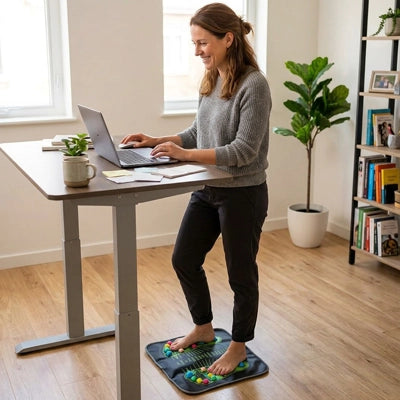 Femme travaille debout sur Tapis d acupression devant ordinateur portable.