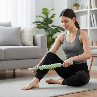 Femme assise massant jambe   rouleau de massage à la maison