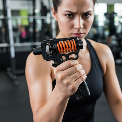Femme concentrée en salle de sport utilisant un hand grip.