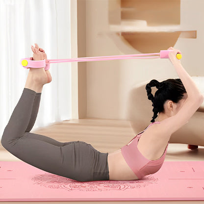 Femme en position d’arc utilisant un Élastique musculation rose