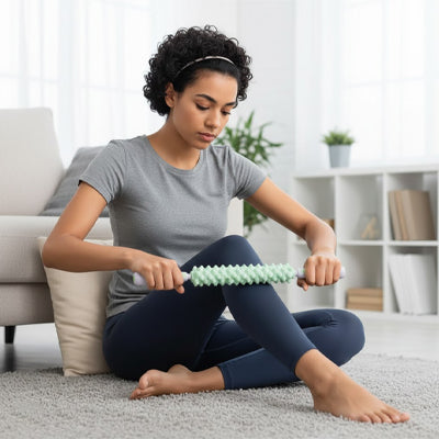 Femme massant jambe avec rouleau de massage assise au sol