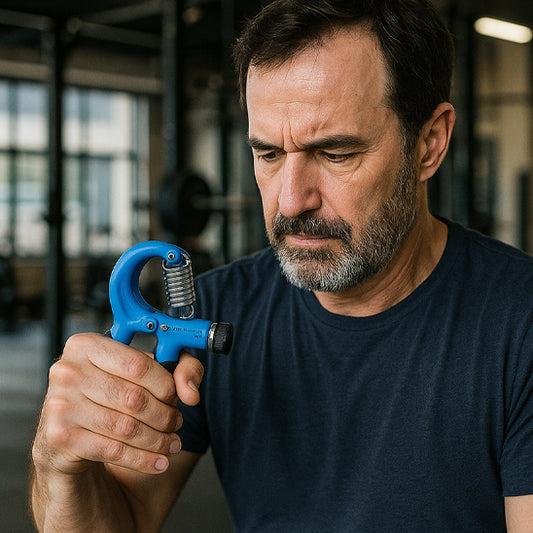 Homme concentré s entraînant avec hand grip dans un gymnase..