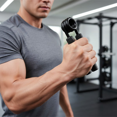 Homme serrant hand grip dans une salle de sport moderne