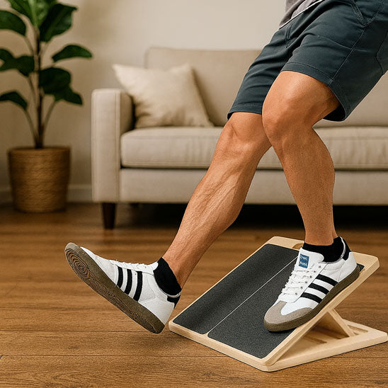 Homme pratiquant des étirements jambe tendue sur planche d'équilibre.