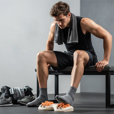 Homme se massant les pieds avec rouleau de massage apres effort