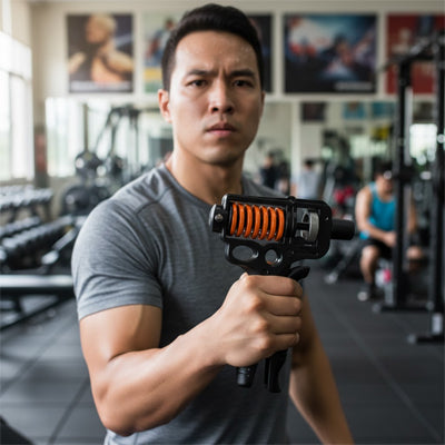 Homme tenant un hand grip dans une salle de sport