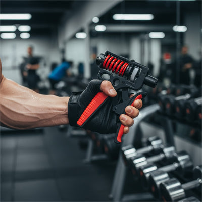 Main musclé utilisant un hand grip dans un gymnase.