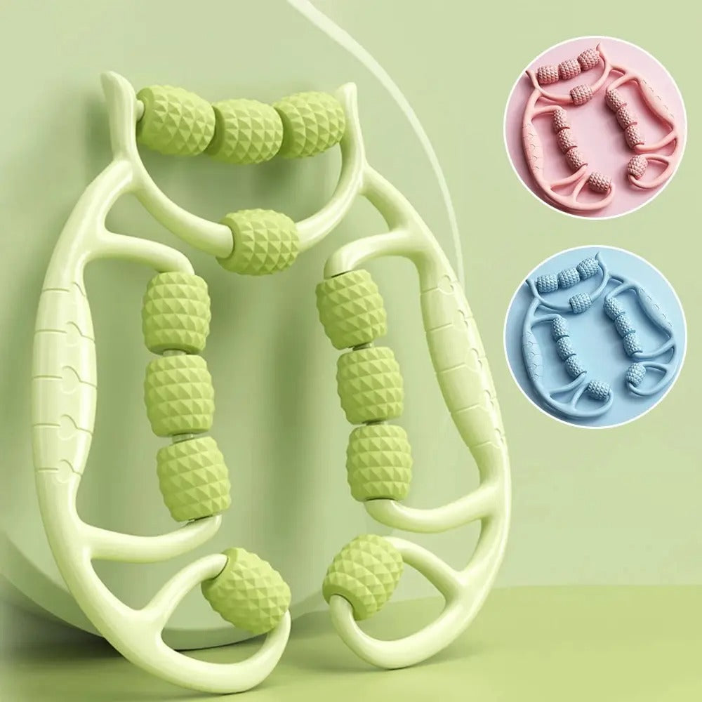 Masseur à rouleaux vert avec inserts des variantes rose et bleu