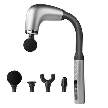 Pistolet de massage Argente avec quatre tetes interchangeables engros plan.