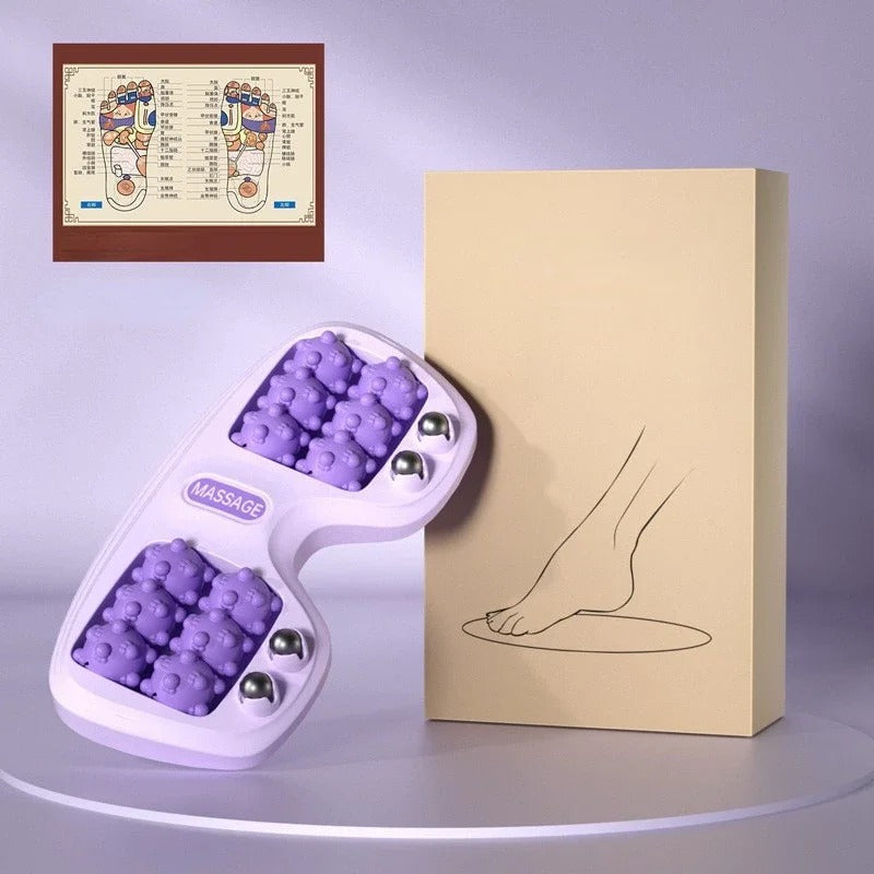 Rouleau de massage pieds violet avec billes, boîte schéma réflexologie