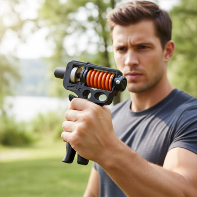 Un homme utilisant un hand grip dans un parc verdoyant.