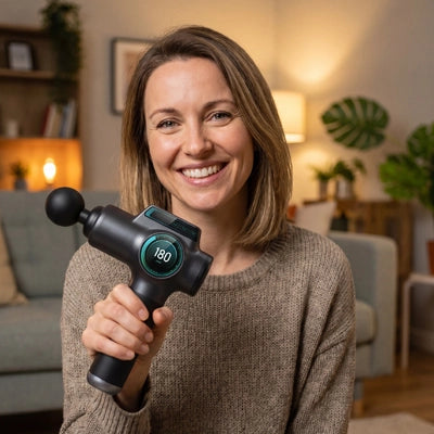 Une femme souriante tenant pistolet de massage dans un salon.