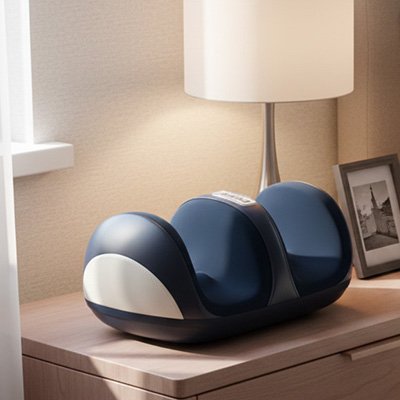 Appareil massage des pieds posé sur table, design moderne et élégant.