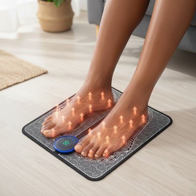 Appareil masseur pieds électrique EMS stimulant les pieds avec des flèches montantes.