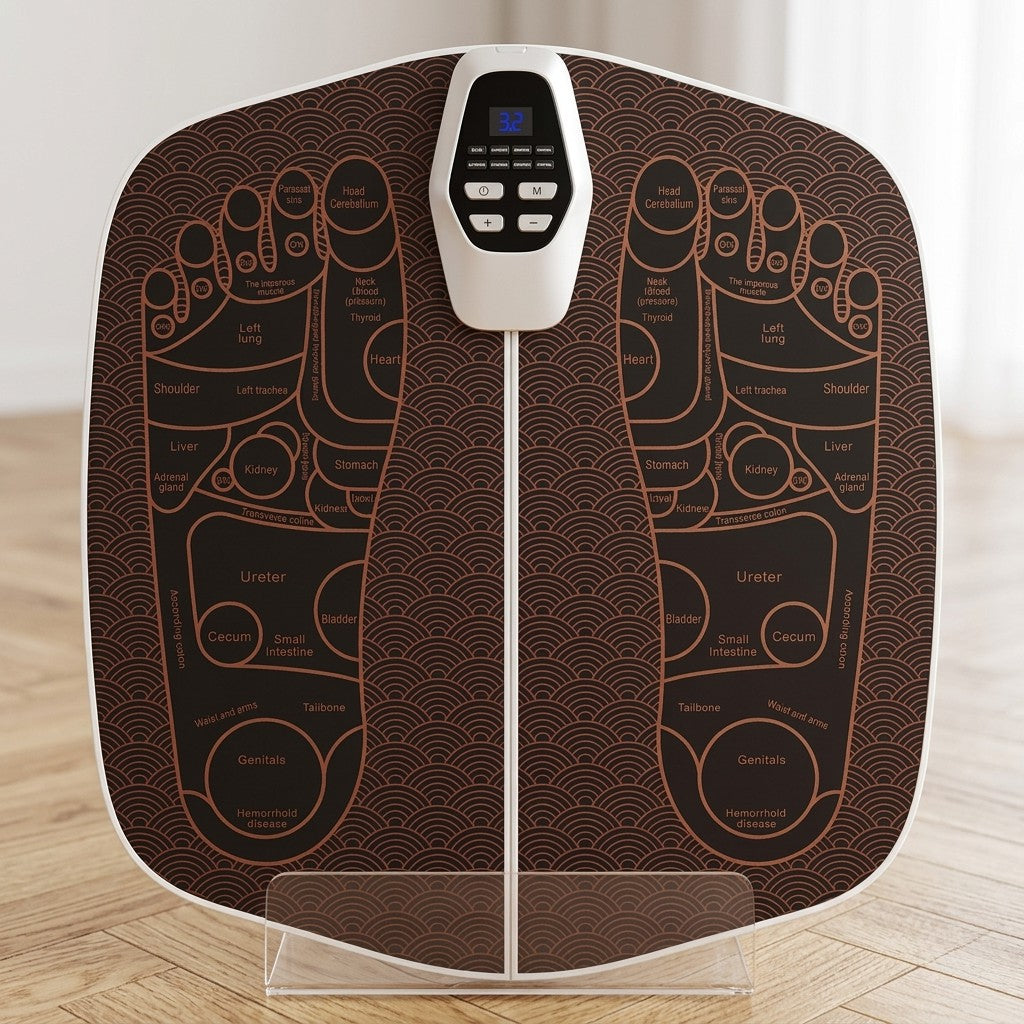 Appareil masseur pieds EMS sur présentoir transparent posé sur parque.