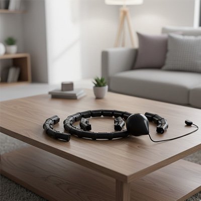 Cerceau fitness  posé sur la table en bois au salon.