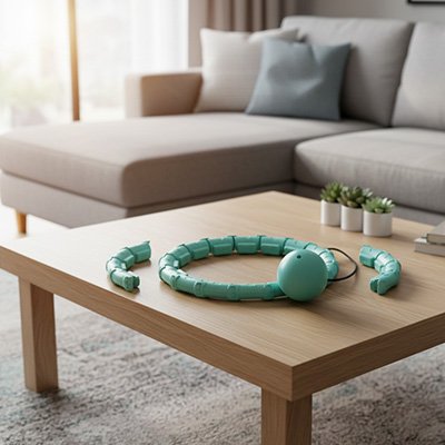 Cerceau fitness segmenté vert menthe posé sur table basse en bois.