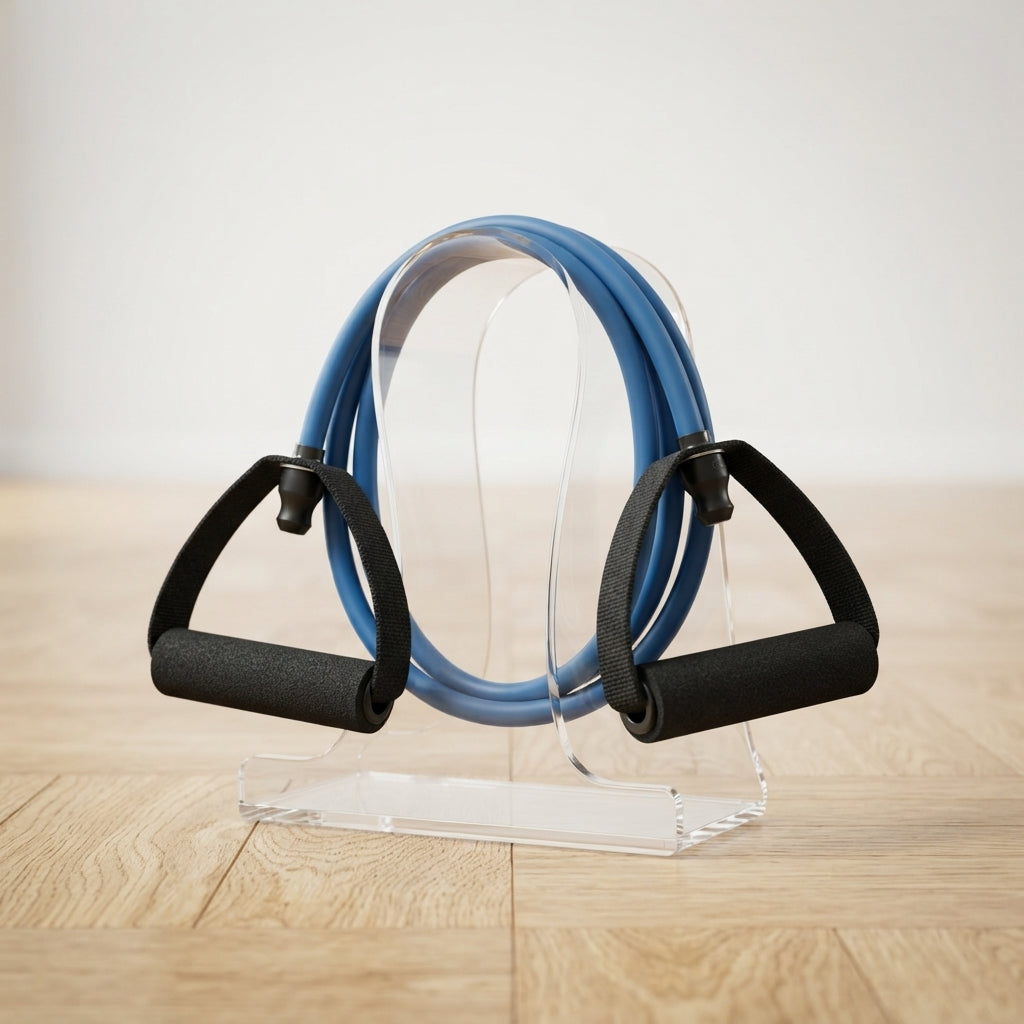 Élastique musculation bleu avec poignées sur support transparent parquet bois.
