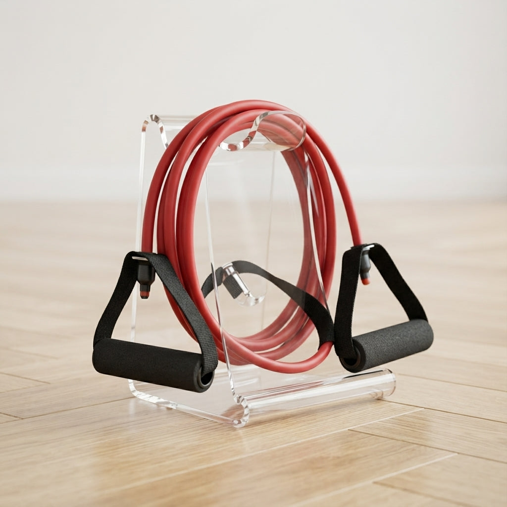 Élastique musculation rouge sur présentoir transparent posé sur parquet clair.