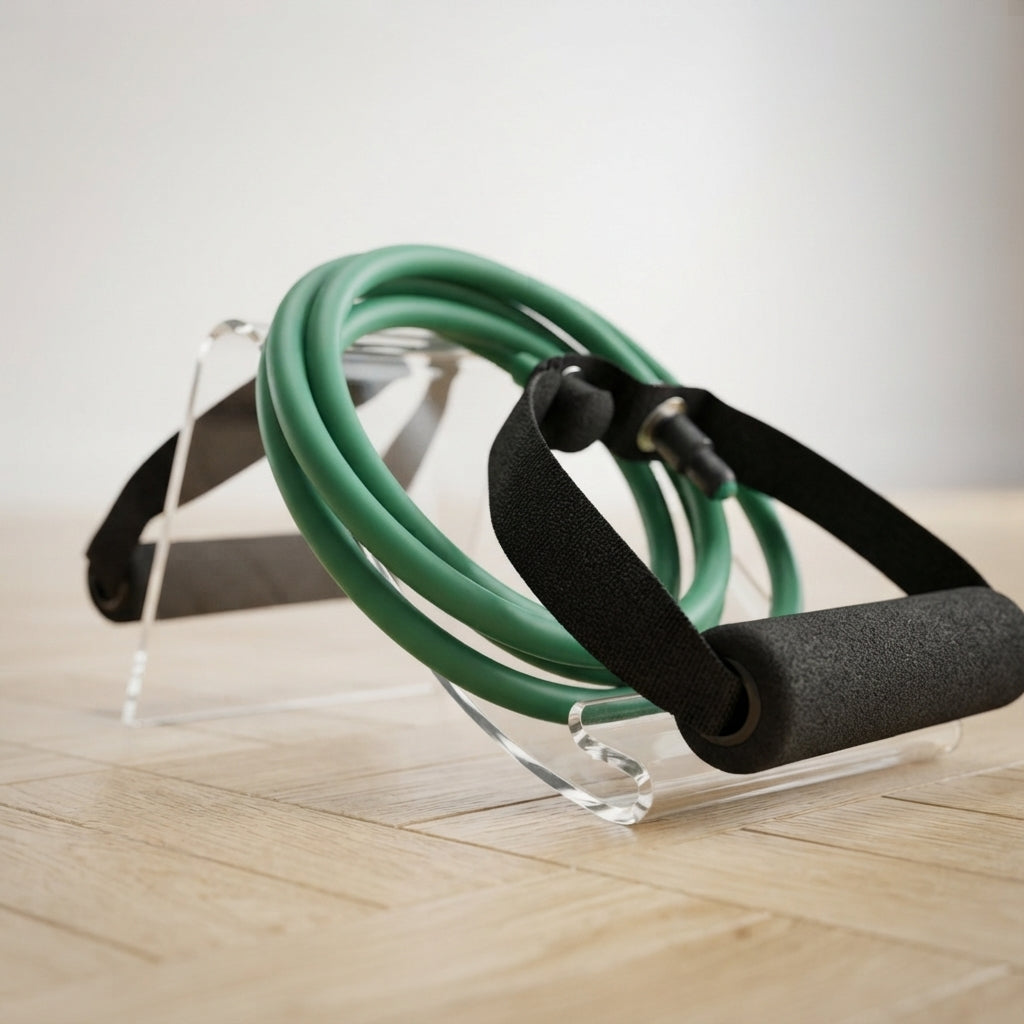 Élastique musculation vert sur présentoir transparent avec poignées noires visibles.
