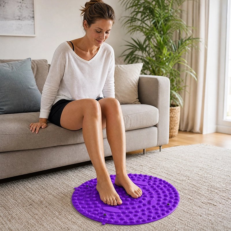 Femme assise sur canapé, pieds posés sur Tapis d'acupression.