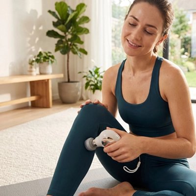 Femme assise utilisant Pistolet de massage sur mollet au salon.