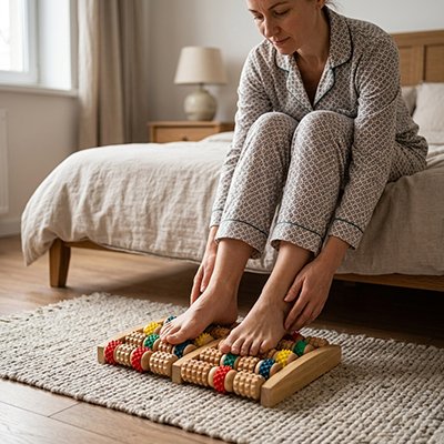 Femme assise utilisant rouleau de massage coloré posé au sol.
