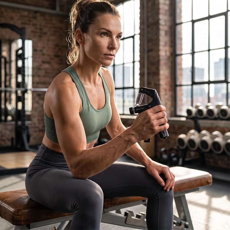 Femme concentrée tenant Hand grip assise sur  banc de musculation.