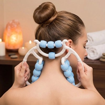 Femme de dos utilisant rouleau de massage sur la nuque.
