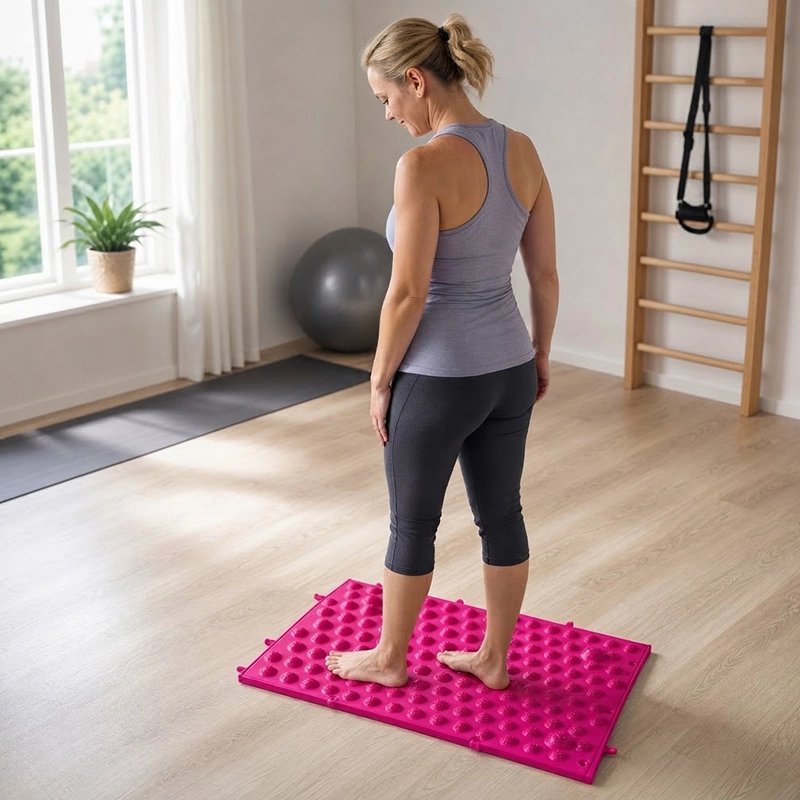 Femme debout sur Tapis d'acupression dans salle de sport.