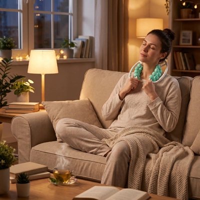Femme détendue sur canapé utilisant rouleau de massage au  cou.