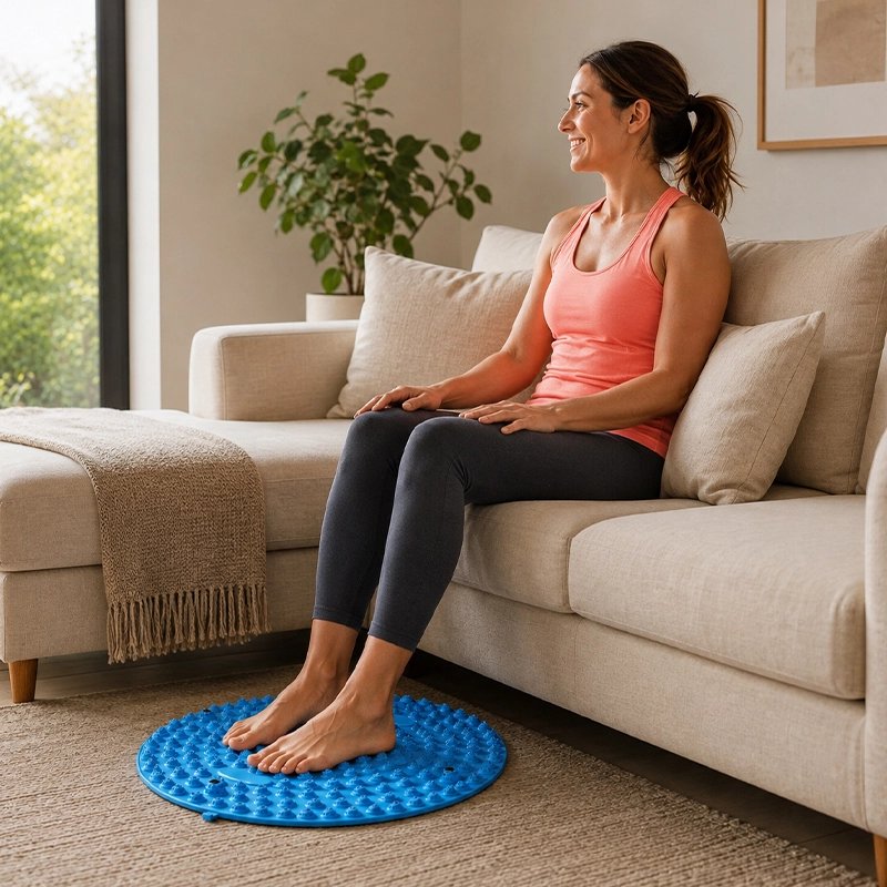 Femme souriante assise sur canape, pieds sur tapis d'acupression