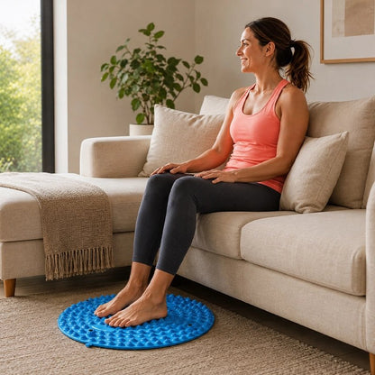 Femme souriante assise sur canape, pieds sur tapis d'acupression