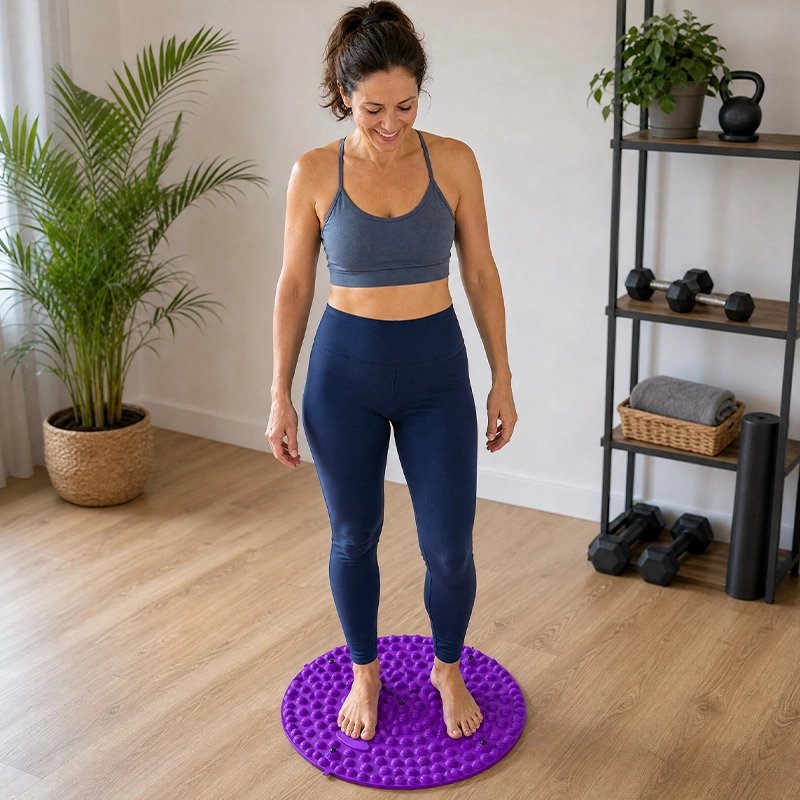 Femme souriante debout sur Tapis d'acupression dans sont domicile.