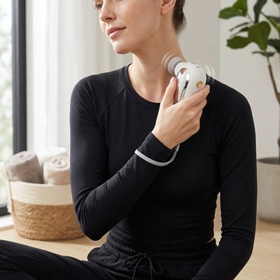 Femme utilisant Pistolet de massage sur son cou à domicile.